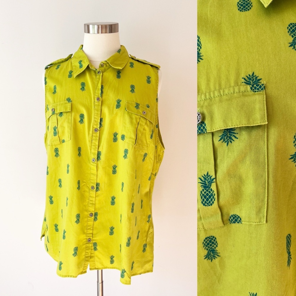 Jaclyn‎ Smith Sleeveless Button Down Lime Green Pineapple Print Shirt 3X